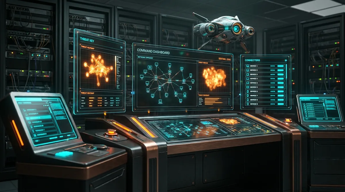 A futuristic command center displays data on computer monitors, showcasing CAQA Technologies' cybersecurity solutions.
