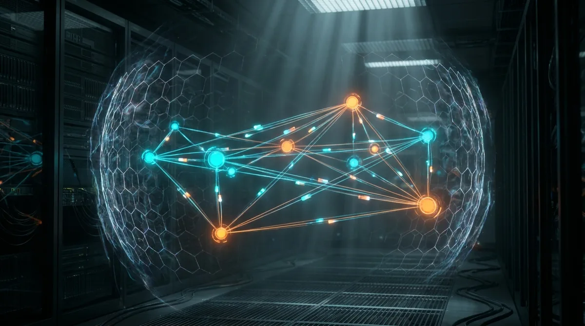 A glowing network sphere floats within a server room, representing CAQA Technologies' cybersecurity solutions.