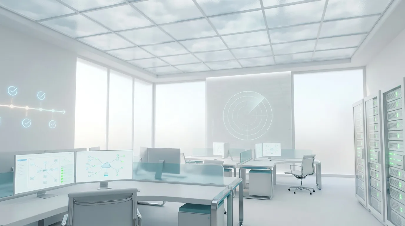 A bright modern office space shows computer monitors and server racks supporting managed IT services.